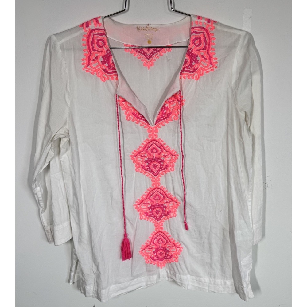 Lilly Pulitzer Amelia Island Long‎ Sleeve Embroidered Tunic Top Resort Womens L